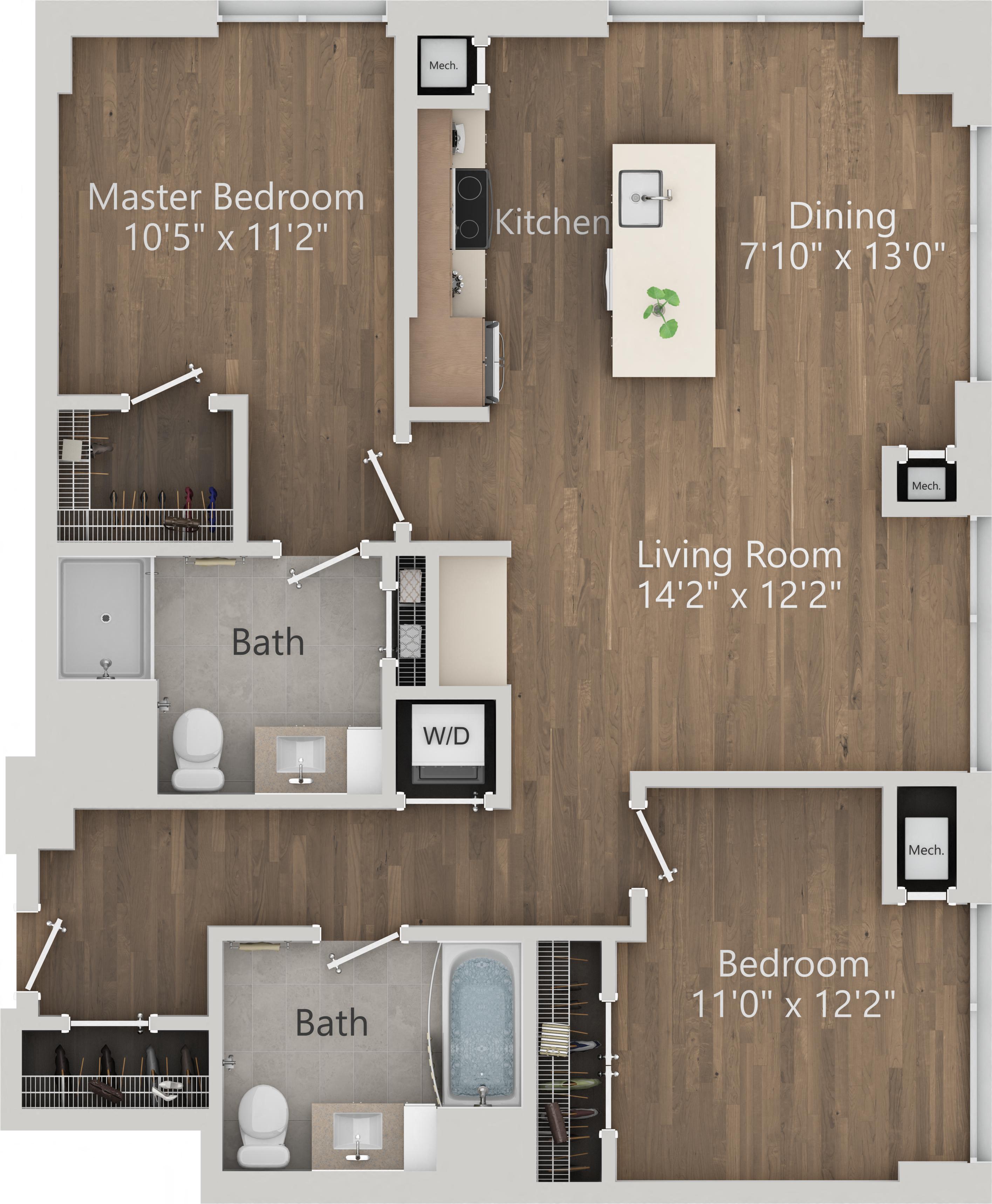 Floor plan for 2 beds, 2 baths, 1063 sqft